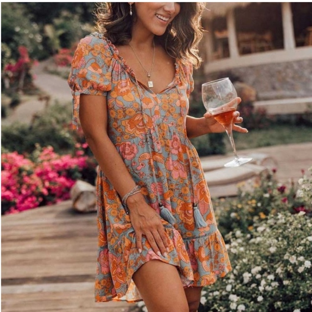 Boho Orange floral print Puff Sleeve ruffle Hem Mini Dress - Picture 2 of 9